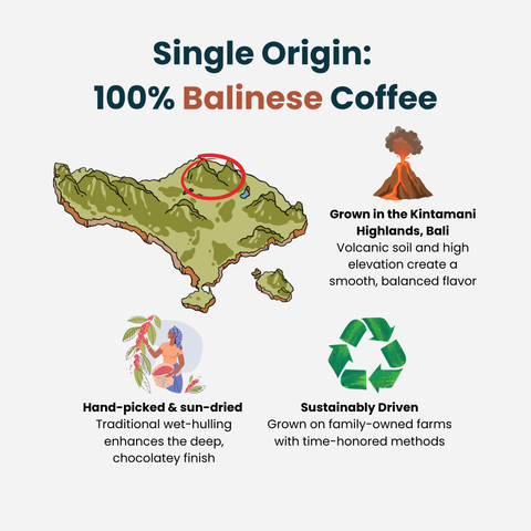 Infographic for 100% single origin Balinese coffee with information about the coffee farming community