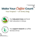 Promotional infographic for SipSation's social impact  programs- planting trees, funding kids' education, and supporting farmer-driven coffee research.